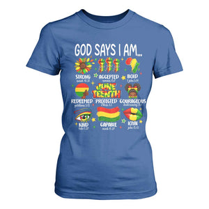 God Says I Am Juneteenth Christian T Shirt For Women Pan-African Afrocentric Faith Bible Verses Freedom Day TS02 Royal Blue Print Your Wear