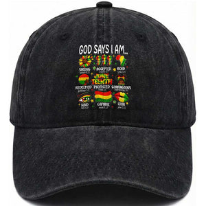 God Says I Am Juneteenth Christian Washed Cotton Baseball Cap Pan-African Afrocentric Faith Bible Verses Freedom Day