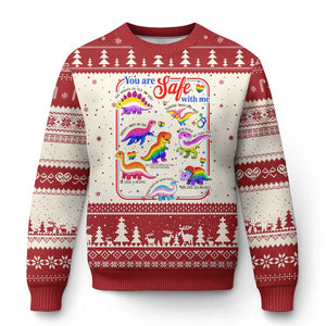 Cute Rainbow Dinosaur LGBTQ Ally Ugly Christmas Sweater You Are Safe With Me Pride Month