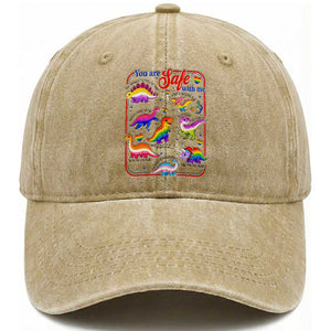 Cute Rainbow Dinosaur LGBTQ Ally Washed Cotton Baseball Cap You Are Safe With Me Pride Month