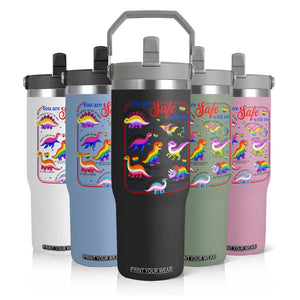 Cute Rainbow Dinosaur LGBTQ Ally Flip Straw Tumbler You Are Safe With Me Pride Month