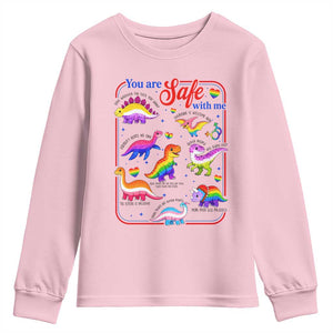 Cute Rainbow Dinosaur LGBTQ Ally Youth Sweatshirt You Are Safe With Me Pride Month