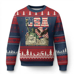 USA Legacy of Freedom Ugly Christmas Sweater Patriotic Statue of Liberty Bald Eagle Mount Rushmore Graphic TS02 Navy Red Print Your Wear