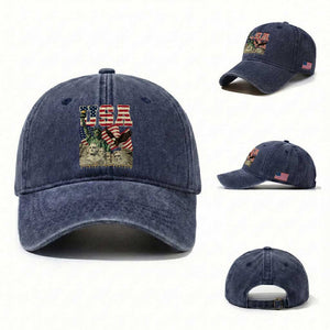 USA Legacy of Freedom Washed Cotton Baseball Cap Patriotic Statue of Liberty Bald Eagle Mount Rushmore Graphic TS02 Washed Cap Universal Fit Navy Print Your Wear