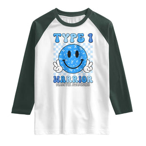 Diabetes Awareness Raglan Shirt Blue Ribbon T1D Warrior Support Squad Retro Groovy TS02 White Dark Forest Green Print Your Wear
