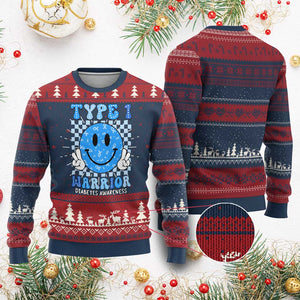 Diabetes Awareness Ugly Christmas Sweater Blue Ribbon T1D Warrior Support Squad Retro Groovy TS02 Burgundy Print Your Wear