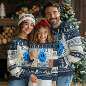 Diabetes Awareness Ugly Christmas Sweater Blue Ribbon T1D Warrior Support Squad Retro Groovy TS02 Navy Print Your Wear