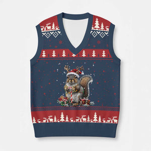 Xmas Squirrel V-Neck Knit Sweater Vest Xmas Tree Lights Reindeer Santa Hat Pajamas TS02 Navy Red Print Your Wear