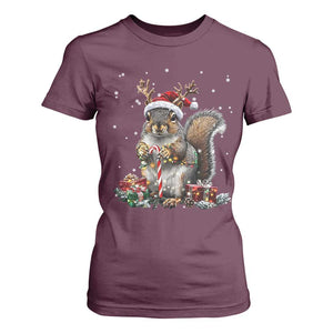Christmas Squirrel T Shirt For Women Xmas Tree Lights Reindeer Santa Hat Pajamas TS02 Maroon Print Your Wear