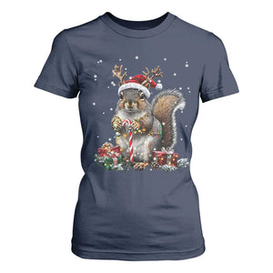 Christmas Squirrel T Shirt For Women Xmas Tree Lights Reindeer Santa Hat Pajamas TS02 Navy Print Your Wear