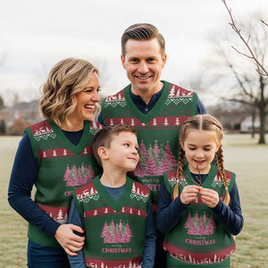 Pink Xmas Tree Farm V-Neck Knit Sweater Vest Merry Xmas Ornaments Family Holiday Pajamas TS02 Red Green Print Your Wear