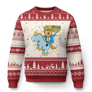 Funny Hanukkah Trump Ugly Christmas Sweater Riding Unicorn Menorah Jewish Chanukah Gift TS02 Red Print Your Wear