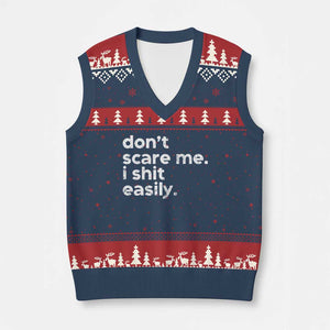 Funny Sarcastic Quote V-Neck Knit Sweater Vest Don't Scare Me I Shit Easily Retro Minimalism TS02 Navy Red Print Your Wear