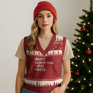 Funny Sarcastic Quote V-Neck Knit Sweater Vest Don't Scare Me I Shit Easily Retro Minimalism TS02 Red Beige Print Your Wear