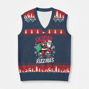 Funny Santa Rizz Xmas V-Neck Knit Sweater Vest Retro Skibidi Rizzmas Claus Skating Board Xmas TS02 Navy Red Print Your Wear