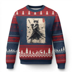 Samurai Cat Graphic Ugly Christmas Sweater Warrior Vintage Japanese Art Anime TS02 Navy Red Print Your Wear