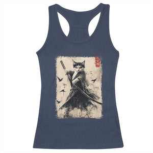 Samurai Cat Graphic Racerback Tank Top Warrior Vintage Japanese Art Anime TS02 Navy Print Your Wear