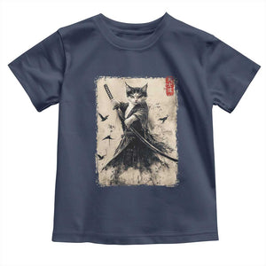 Samurai Cat Graphic Toddler T Shirt Warrior Vintage Japanese Art Anime TS02 Navy Print Your Wear
