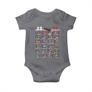 2026 Car Racing Circuit Baby Onesie International Race Track Schedule Graphic with Flags TS02 Charcoal Print Your Wear