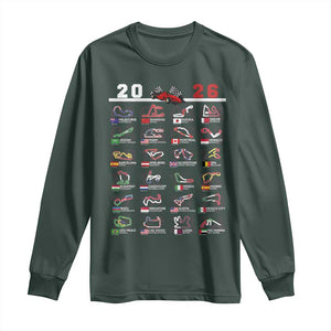 2026 Car Racing Circuit Long Sleeve Shirt International Race Track Schedule Graphic with Flags TS02 Dark Forest Green Print Your Wear