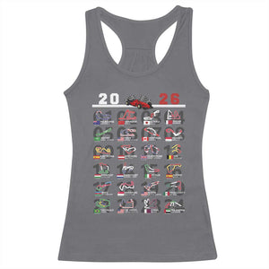 2026 Car Racing Circuit Racerback Tank Top International Race Track Schedule Graphic with Flags TS02 Charcoal Print Your Wear