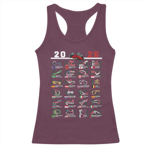 2026 Car Racing Circuit Racerback Tank Top International Race Track Schedule Graphic with Flags TS02 Maroon Print Your Wear