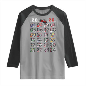 2026 Car Racing Circuit Raglan Shirt International Race Track Schedule Graphic with Flags TS02 Sport Gray Black Print Your Wear