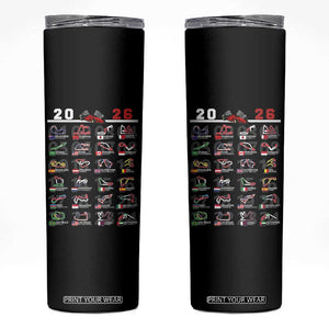 2026 Car Racing Circuit Skinny Tumbler International Race Track Schedule Graphic with Flags TS02 Black Print Your Wear
