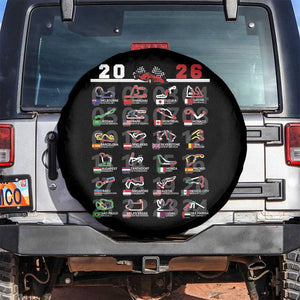 2026 Car Racing Circuit Spare Tire Cover International Race Track Schedule Graphic with Flags TS02 No hole Black Print Your Wear