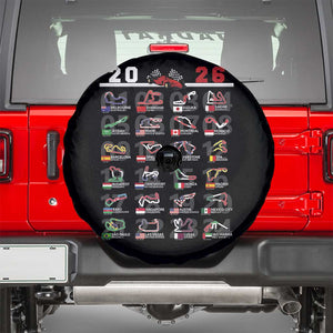 2026 Car Racing Circuit Spare Tire Cover International Race Track Schedule Graphic with Flags TS02 Black Print Your Wear