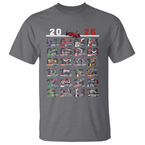 2026 Car Racing Circuit T Shirt International Race Track Schedule Graphic with Flags TS02 Charcoal Print Your Wear