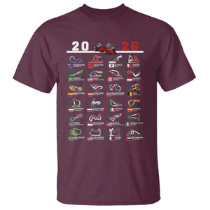 2026 Car Racing Circuit T Shirt International Race Track Schedule Graphic with Flags TS02 Maroon Print Your Wear
