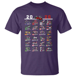 2026 Car Racing Circuit T Shirt International Race Track Schedule Graphic with Flags TS02 Purple Print Your Wear
