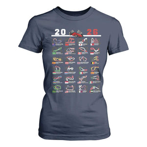 2026 Car Racing Circuit T Shirt For Women International Race Track Schedule Graphic with Flags TS02 Navy Print Your Wear