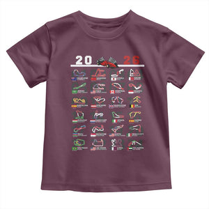 2026 Car Racing Circuit Toddler T Shirt International Race Track Schedule Graphic with Flags TS02 Maroon Print Your Wear
