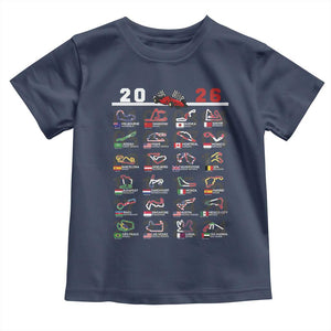 2026 Car Racing Circuit Toddler T Shirt International Race Track Schedule Graphic with Flags TS02 Navy Print Your Wear
