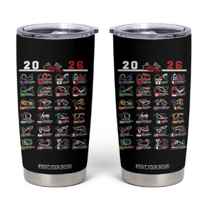 2026 Car Racing Circuit Tumbler Cup International Race Track Schedule Graphic with Flags TS02 Black Print Your Wear
