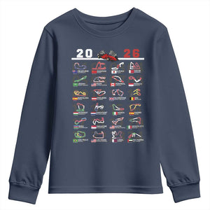 2026 Car Racing Circuit Youth Sweatshirt International Race Track Schedule Graphic with Flags TS02 Navy Print Your Wear