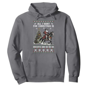 Funny Western Christmas Cowboy Santa Hoodie All I Want for Christmas Is Biscuits and Ho Ho Ho TS02 Charcoal Print Your Wear