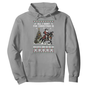 Funny Western Christmas Cowboy Santa Hoodie All I Want for Christmas Is Biscuits and Ho Ho Ho TS02 Sport Gray Print Your Wear