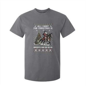Funny Western Christmas Cowboy Santa T Shirt For Kid All I Want for Christmas Is Biscuits and Ho Ho Ho TS02 Charcoal Print Your Wear