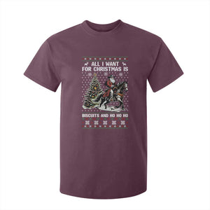 Funny Western Christmas Cowboy Santa T Shirt For Kid All I Want for Christmas Is Biscuits and Ho Ho Ho TS02 Maroon Print Your Wear