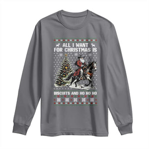 Funny Western Christmas Cowboy Santa Long Sleeve Shirt All I Want for Christmas Is Biscuits and Ho Ho Ho TS02 Charcoal Print Your Wear
