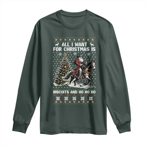 Funny Western Christmas Cowboy Santa Long Sleeve Shirt All I Want for Christmas Is Biscuits and Ho Ho Ho TS02 Dark Forest Green Print Your Wear