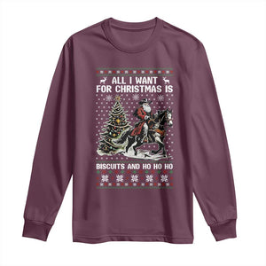 Funny Western Christmas Cowboy Santa Long Sleeve Shirt All I Want for Christmas Is Biscuits and Ho Ho Ho TS02 Maroon Print Your Wear