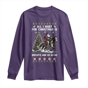 Funny Western Christmas Cowboy Santa Long Sleeve Shirt All I Want for Christmas Is Biscuits and Ho Ho Ho TS02 Purple Print Your Wear