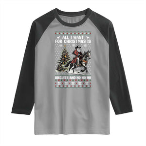 Funny Western Christmas Cowboy Santa Raglan Shirt All I Want for Christmas Is Biscuits and Ho Ho Ho TS02 Sport Gray Black Print Your Wear