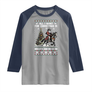 Funny Western Christmas Cowboy Santa Raglan Shirt All I Want for Christmas Is Biscuits and Ho Ho Ho TS02 Sport Gray Navy Print Your Wear