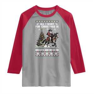 Funny Western Christmas Cowboy Santa Raglan Shirt All I Want for Christmas Is Biscuits and Ho Ho Ho TS02 Sport Gray Red Print Your Wear