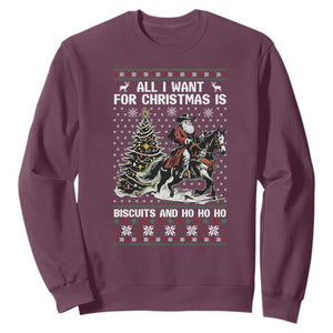 Funny Western Christmas Cowboy Santa Sweatshirt All I Want for Christmas Is Biscuits and Ho Ho Ho TS02 Maroon Print Your Wear